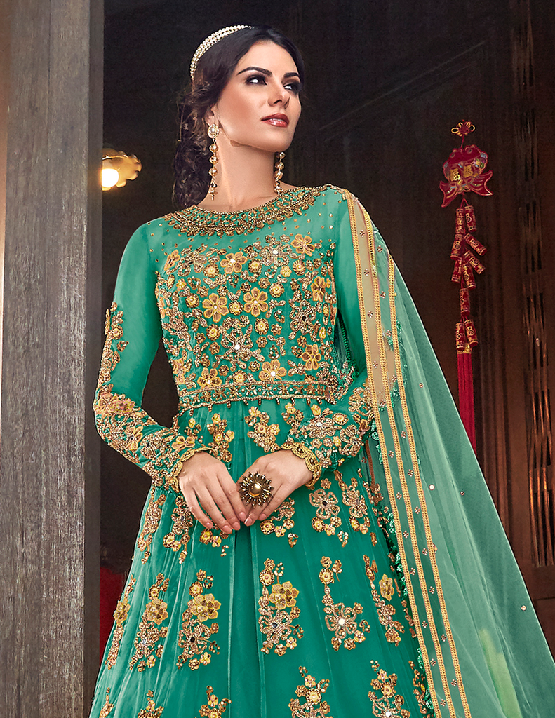 Buy Sea Green Designer Party Wear Anarkali Long Gown | Gowns